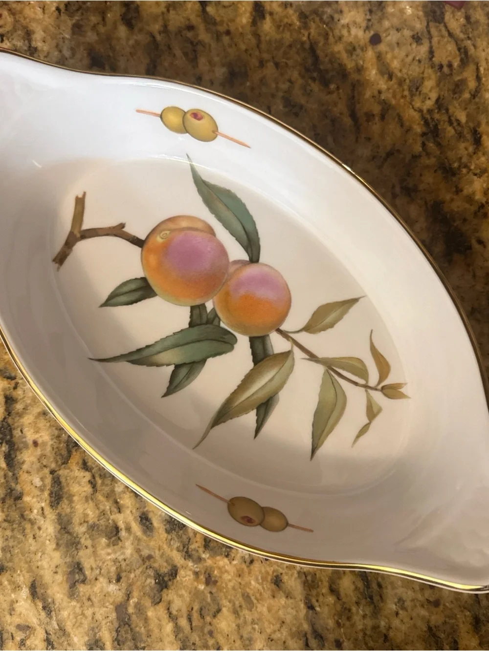 Porcelain Fruit-Decor Serving Bowl in White and Peach